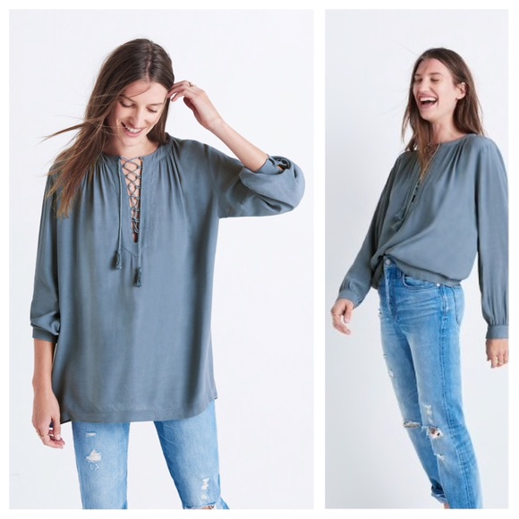 Madewell Lace Up Peasant Long Sleeve Blouse Top - Picture 1 of 7